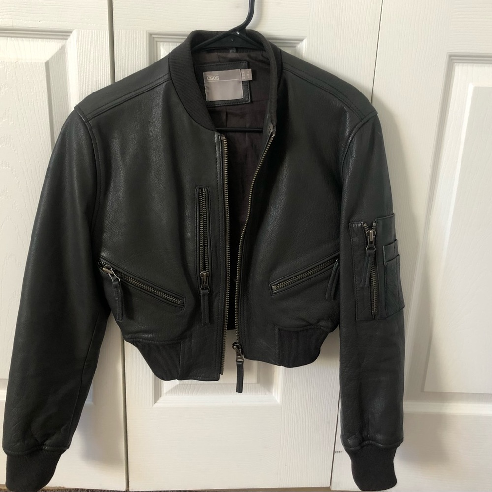 Crop leather jacket, genuine leather